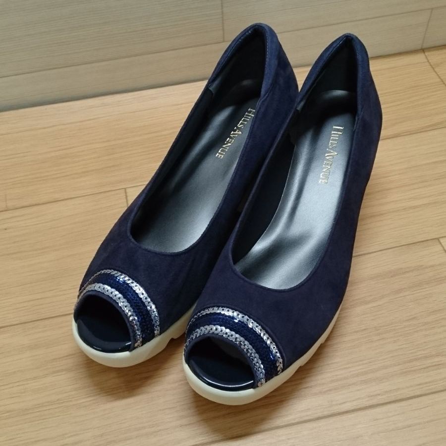 ヒルズアベニュー オープントゥ 濃紺 美品】Hills avenue ウェッジ