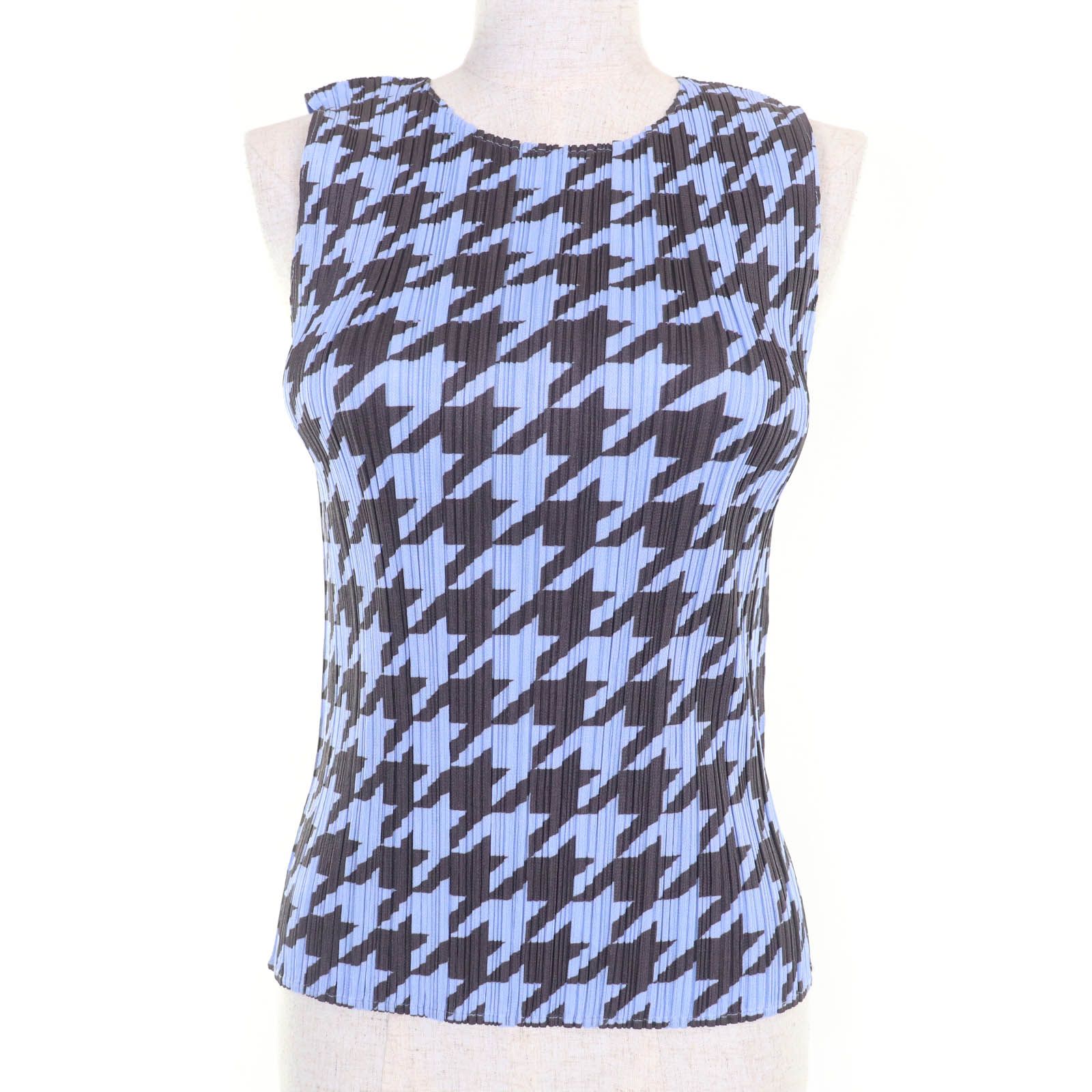 PLEATS PLEASE プリーツプリーズ イッセイミヤケ PP41-JK616 千鳥格子柄 ノースリーブ トップス ブルー 4 日本製 正規品 レディース