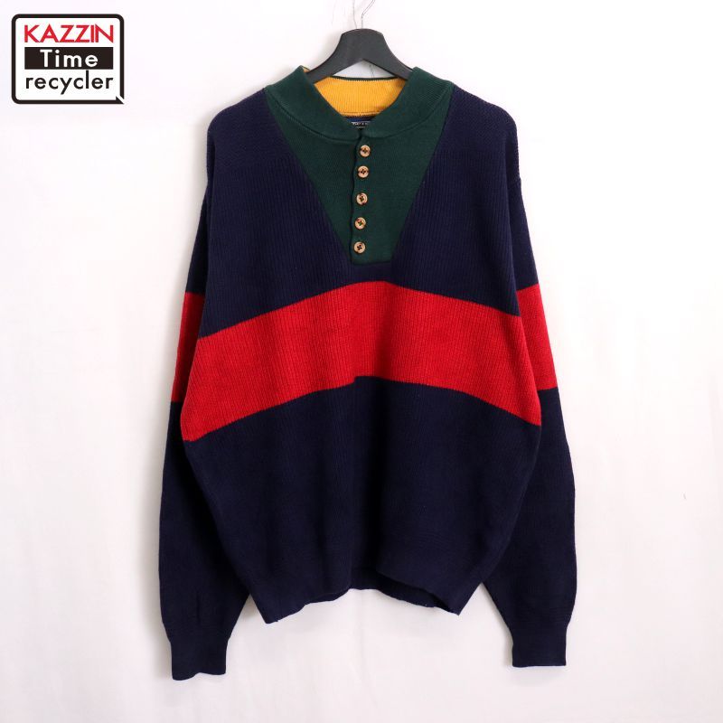 90s USA製 vintage LANDS' END ヘンリーネック コットン ニット
