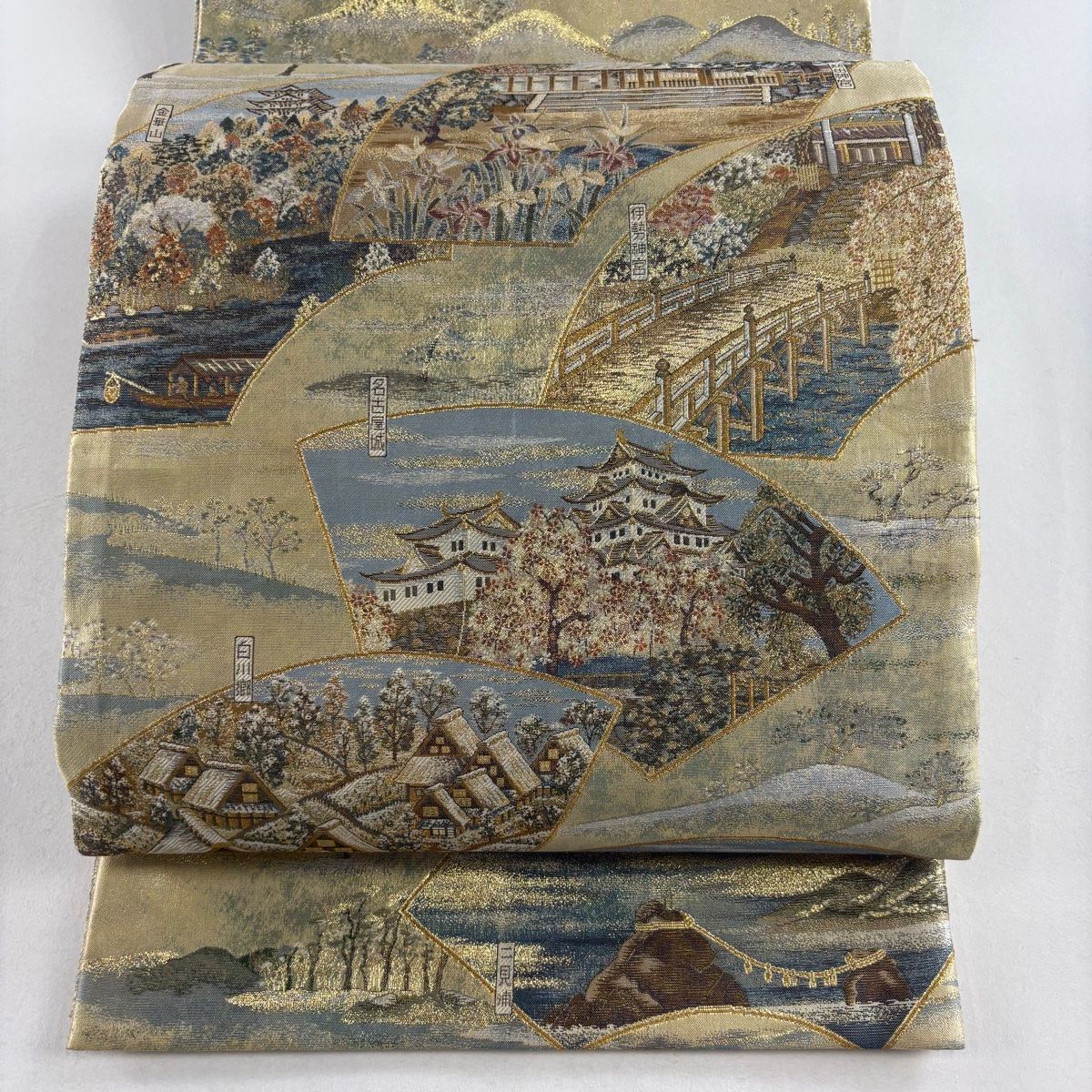 【送料無料/新品】 箔 金糸 風景 扇面 名品 美品 袋帯 金色 【中古 正絹 お太鼓柄 スーツ・フォーマル・ドレス