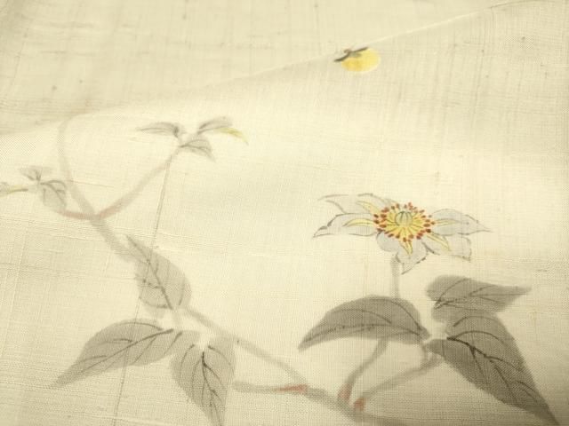 平和屋着物▽訪問着 単衣 紬地 刺繍 草花文 金彩 反端