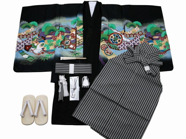 男児トータルセット アンサンブル＆袴 男の子用 祝着フルセット 5h-150 黒 タカ 着丈90cm