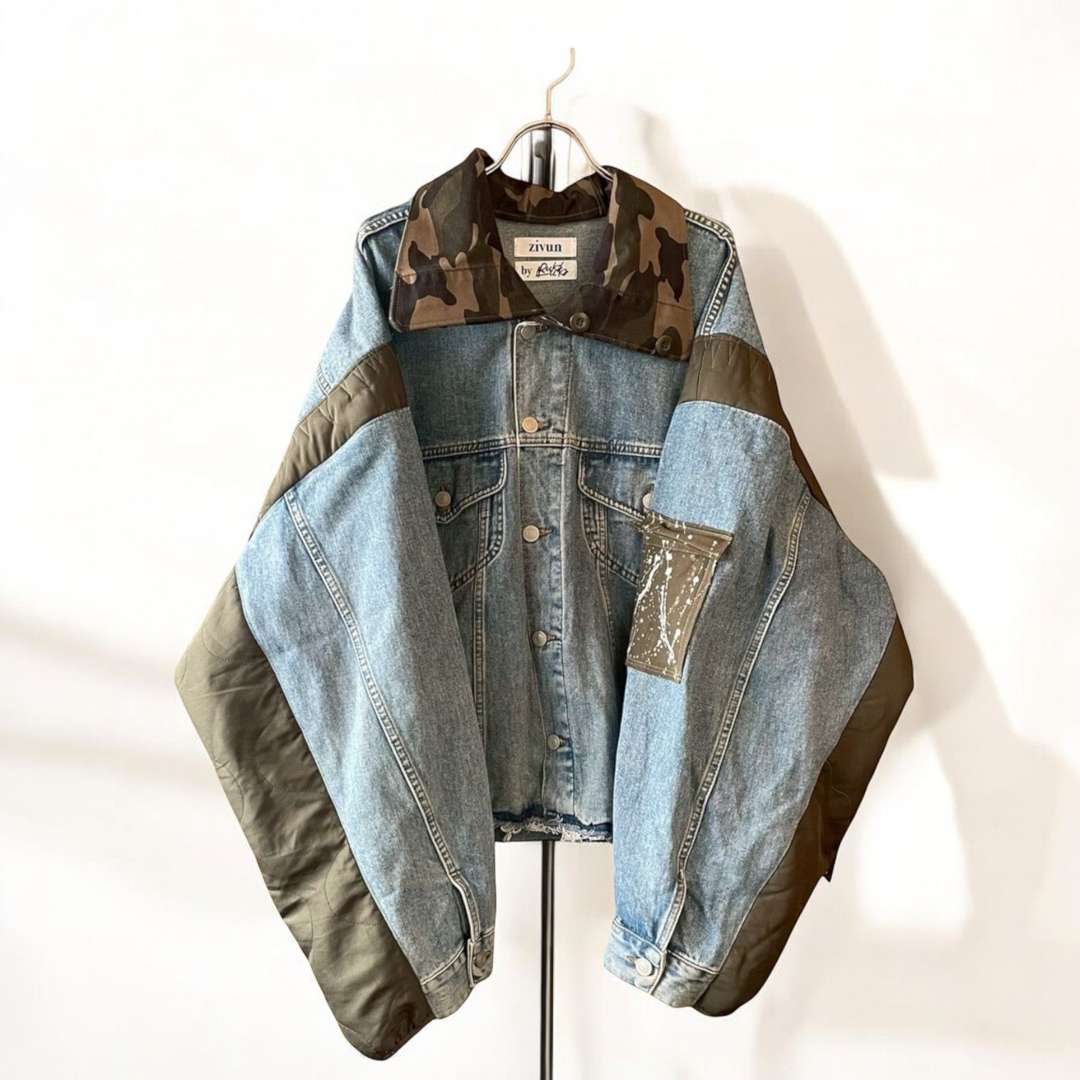 再構築denim jacket リメイク デニム ペイント パッチワーク Gジャン デニムジャケット ブルー カーキ レディース remake 再構築 recollect有明ガーデン店