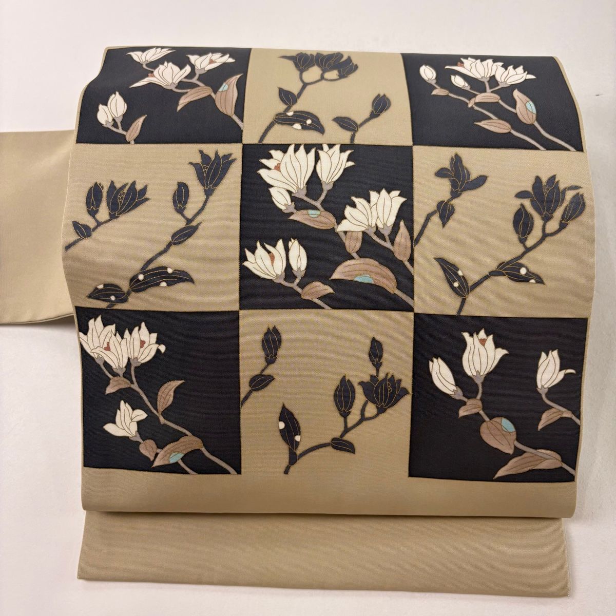 名古屋帯 秀品 枝花 市松 金彩 灰緑 正絹