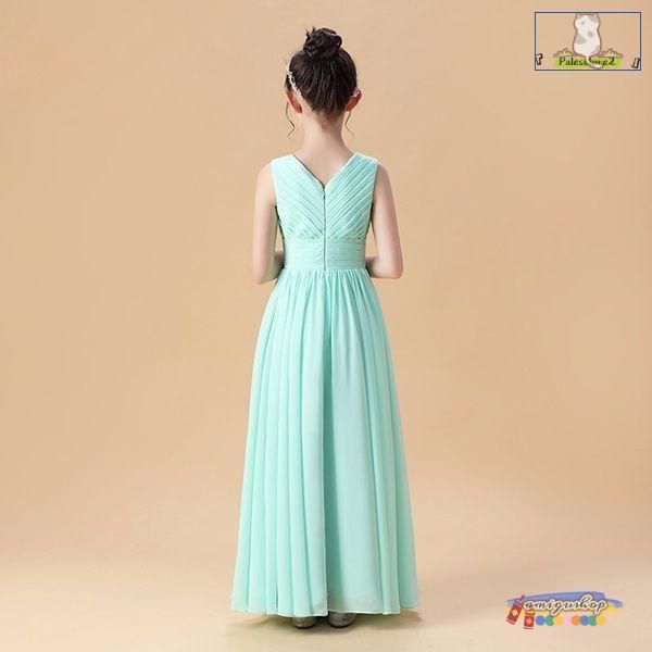 【上品で大人気♪】ピアノ発表会 ドレス 中学生 ワンピース ジュニアドレス 子供ドレス シンプル ネイビー ロング丈 グリーン シフォン お姫様 着やせ 上品 エ 毎日使い