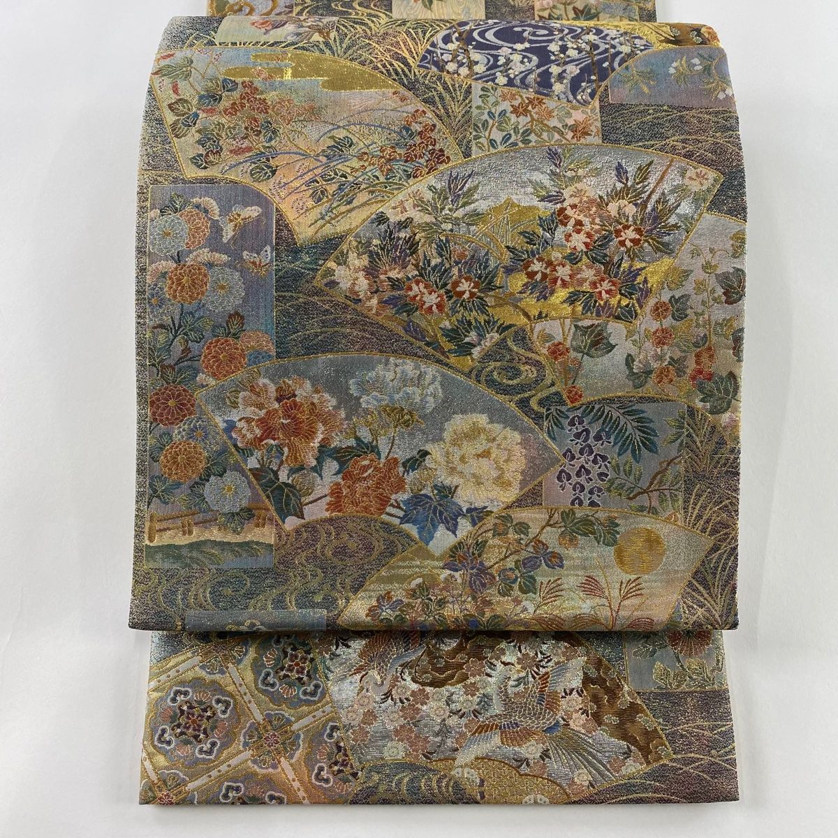 丸帯 名品 伝承国宝図 扇面 草花 本金箔 金糸 青緑 お太鼓柄 正絹