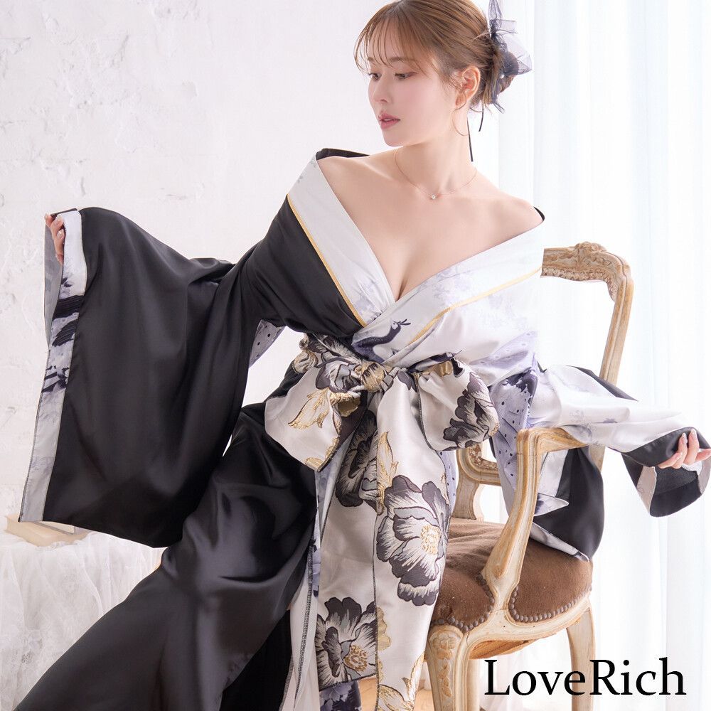 LoveRich ラブリッチ 2点セット バイ 鶴柄 和柄 花柄 ロング オフショル 豪華 花魁 着物 ドレス コスプレ イベント ハロウィン 1531
