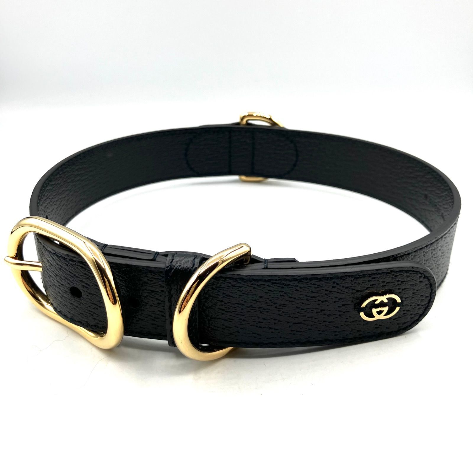 鑑定済み 正規品 グッチ GUCCI インターロッキングG 695256 犬 首輪 レザー ブラック GG ゴールド金具