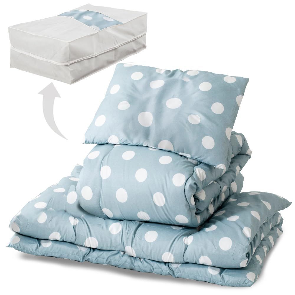 アイリスプラザ -洗える布団4点セット シングル 抗菌防臭 すっきり収納ケース付き しっとりなめらかピーチスキン加工 掛け布団 敷布団 枕 ドットグレー