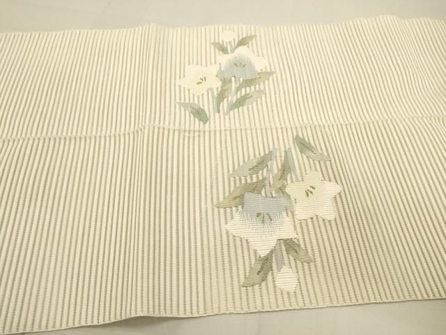 夏物　絽綴れ八寸名古屋帯（筋文）長377　正絹美品 平和屋着物＊夏物 絽綴れ 八寸名古屋帯 秋草文 金糸 正絹 逸品