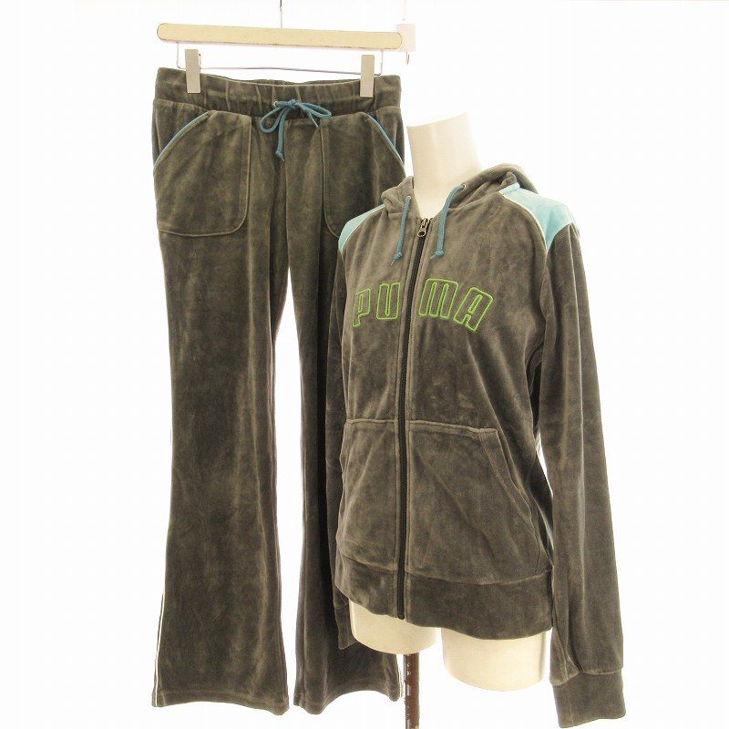 プーマ PUMA セットアップ 上下 2点セット ジャージ フレアパンツ ベロア パーカー ロゴ刺繍 L グレー /EE