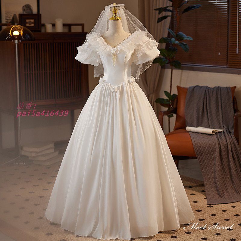 ウェディングドレス ロングドレス プリンセスドレス Aラインドレス 半袖 パフスリーブ 前撮り 結婚式 ウエディングドレス 二次会 サテン 花嫁 ブライダル pai5a416439