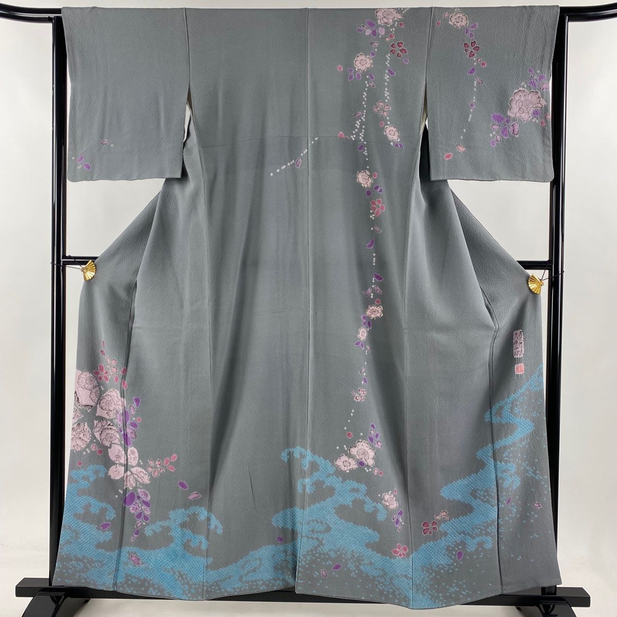 訪問着 身丈156.5cm 裄丈63cm S 袷 大脇一心 落款 辻が花 波頭 灰色 正絹