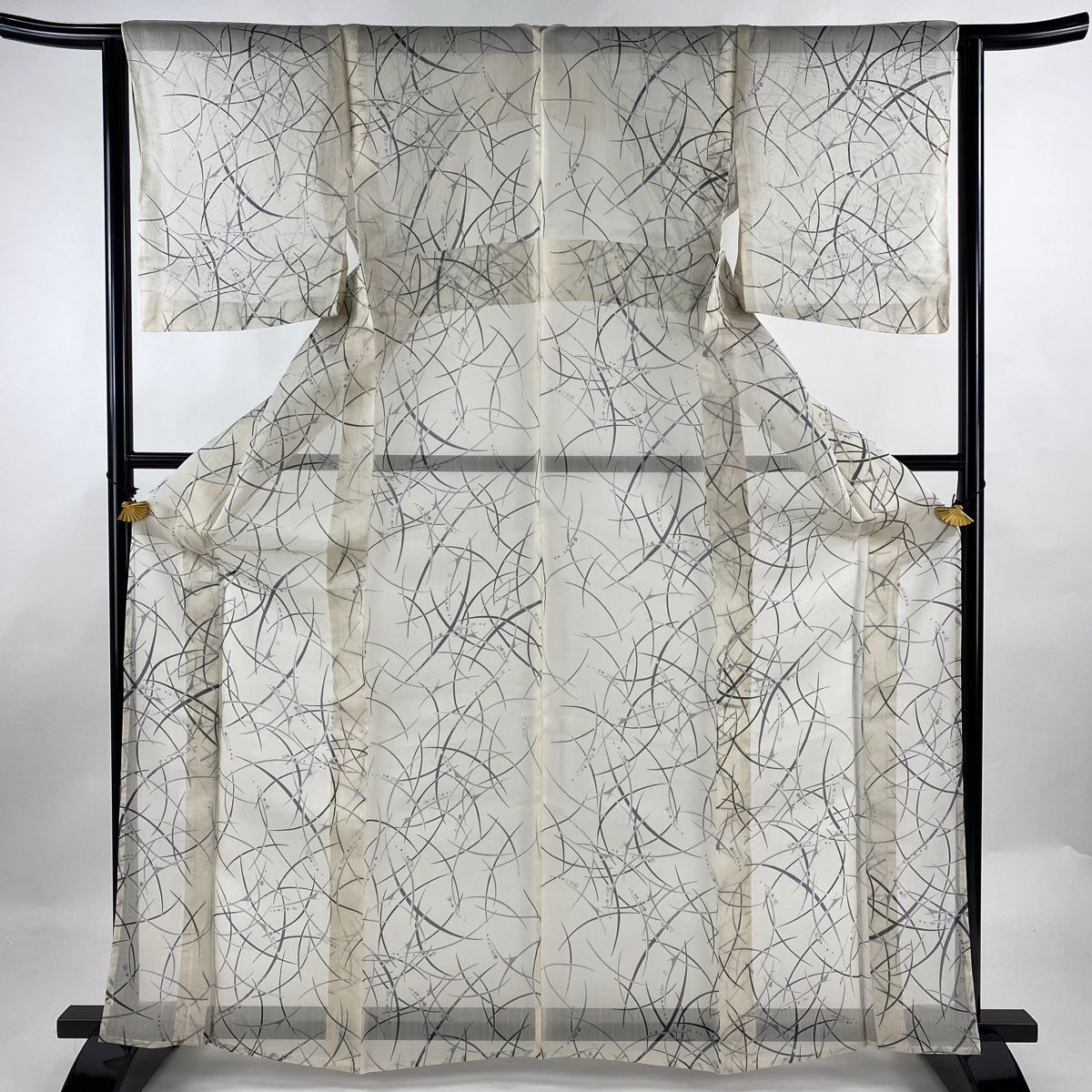 小紋 身丈165cm 裄丈63.5cm S 薄物 夏紬 幾何学 クリーム 正絹 名品  