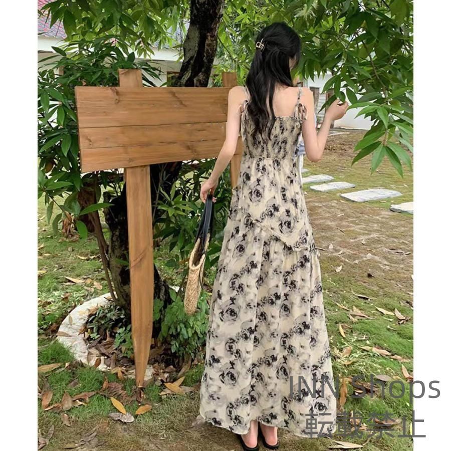 新品未使用】花柄 キャミワンピース 胸元シャーリング bkcp86