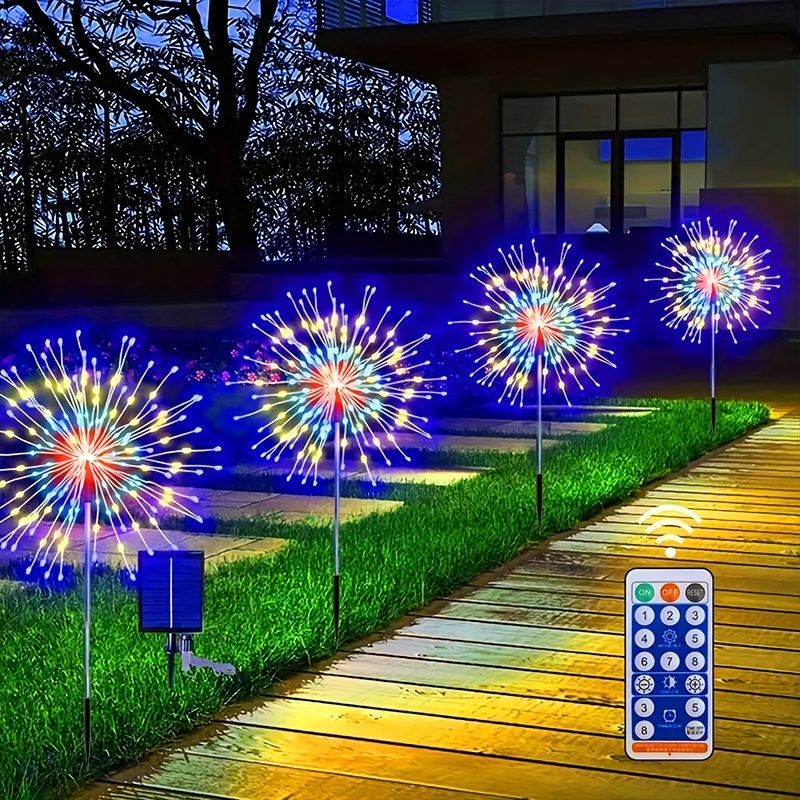ソーラーLED花火ライト4個、リモコン付き8モード、屋外防水ソーラーガーデン花火ライト、庭のバルコニー、通路の芝生、ホリデーパーティーの装飾、クリスマスデコレーション