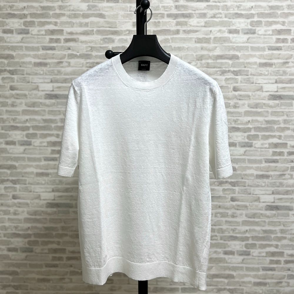 BAFY バフィー ホワイト モックネック ニット 半袖 丸首 サマーニット Tシャツ リネン コットン ネップ 春夏 イタリア製