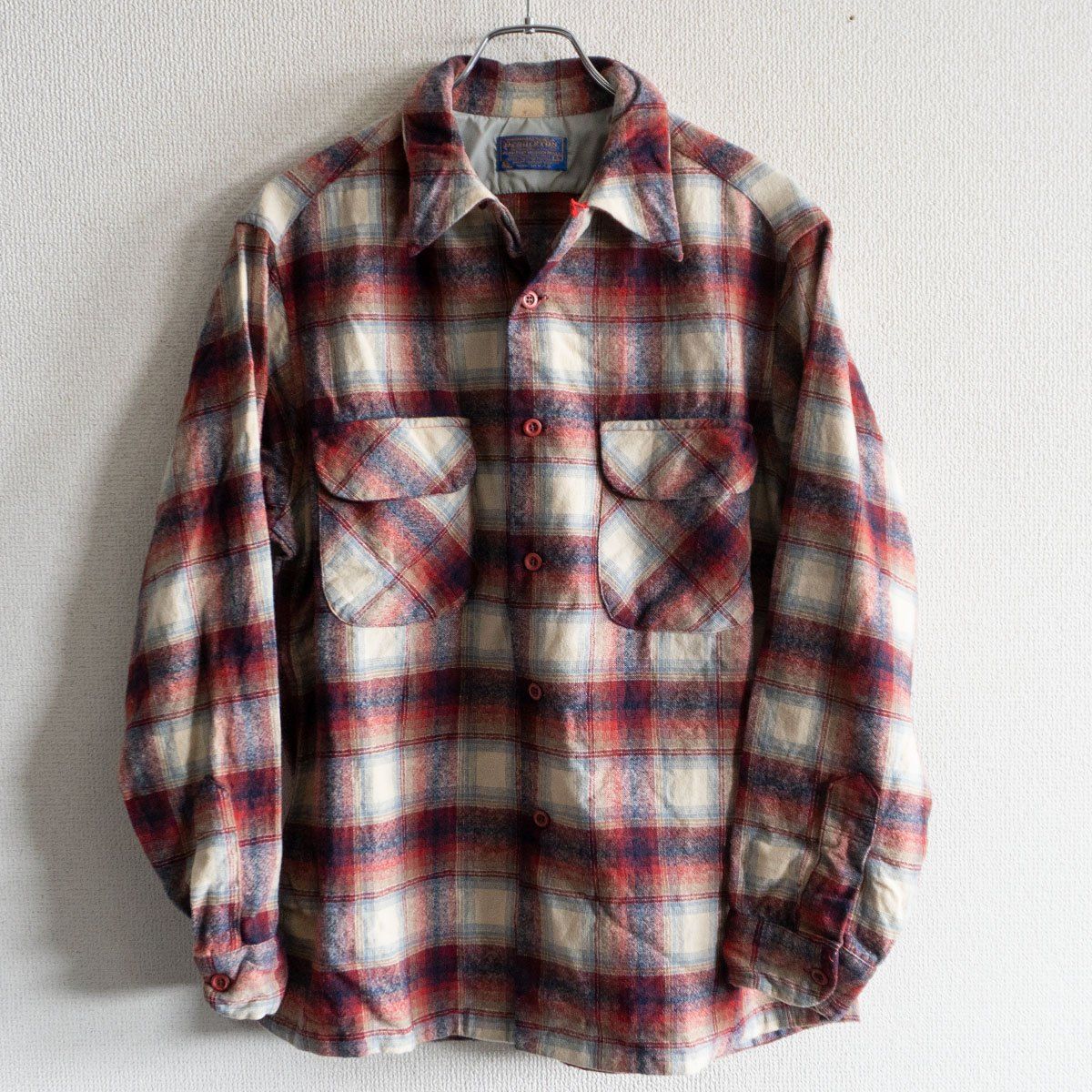 雰囲気抜群 PENDLETON 70s オンブレ シャドー チェック シャツ L オープンカラー ボックスシルエット ペンドルトン 25100963
