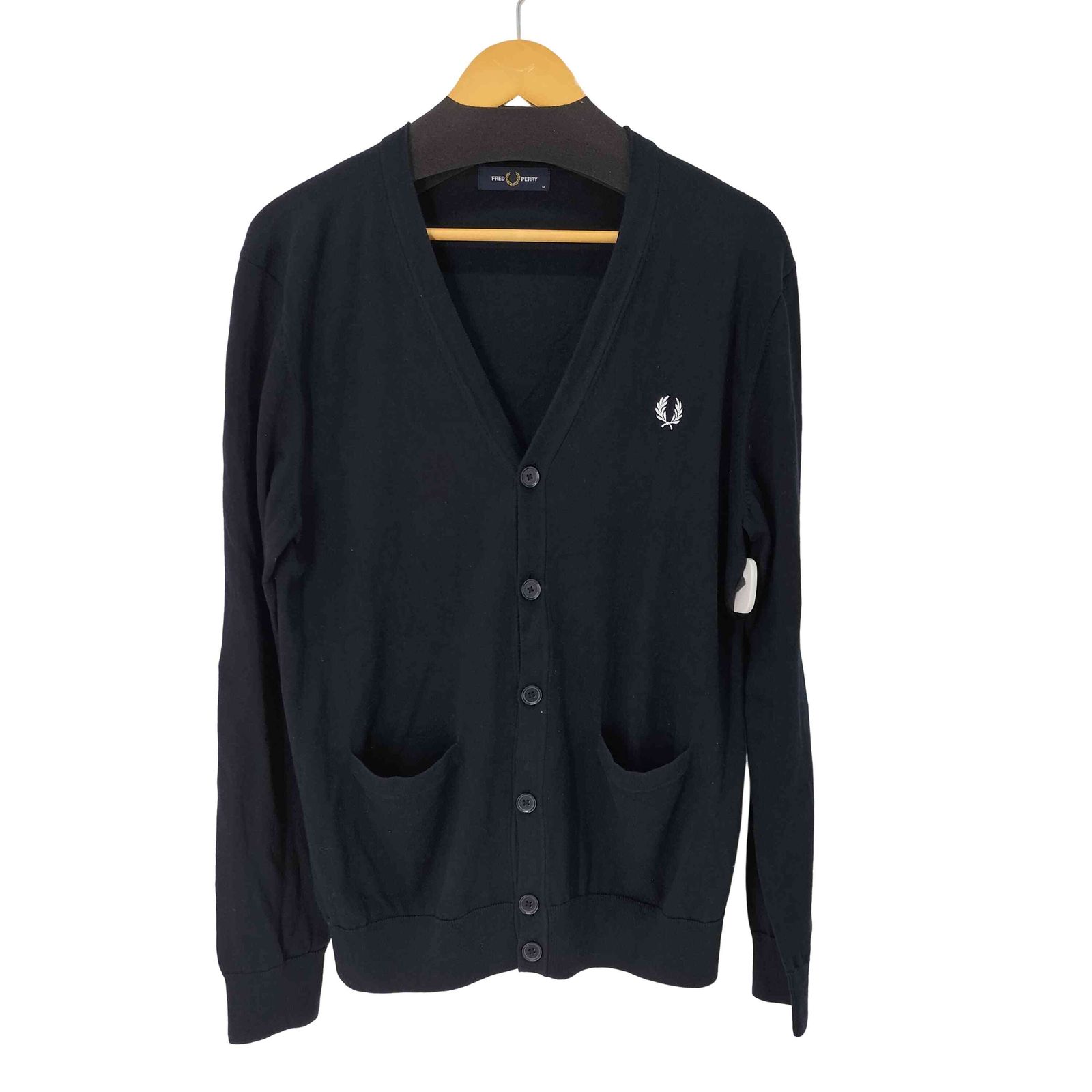 FRED PERRY Vネックカーディガン ダークネイビー フレッドペリー FRED PERRY ロゴ刺繍 コットン Vネック