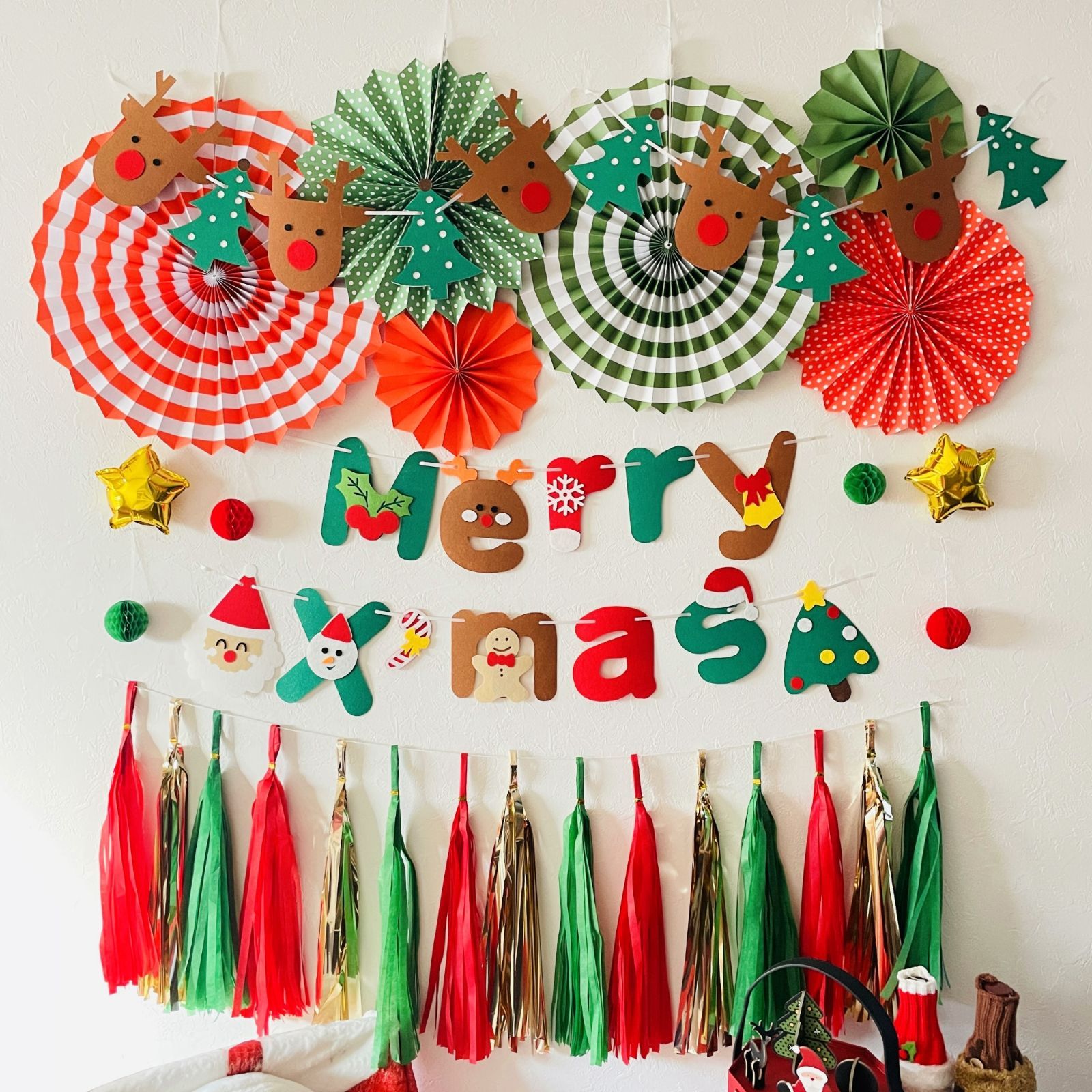 クリスマス飾り サンタ トナカイガーランド ペーパーファン Merry