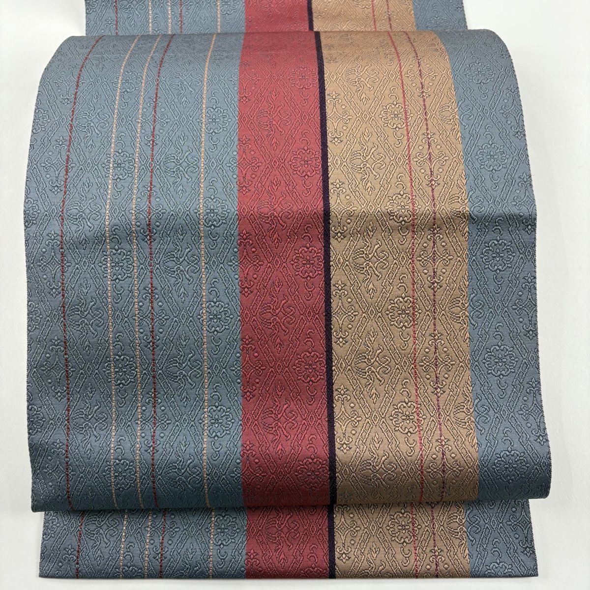 名古屋帯 秀品 八寸名古屋帯 松葉仕立て 縞 花鳥 青灰色 正絹