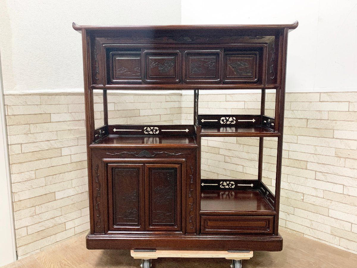 唐木家具 紫檀彫刻 和家具 アンテイーク 松の木 飾り棚 茶箪笥 昭和