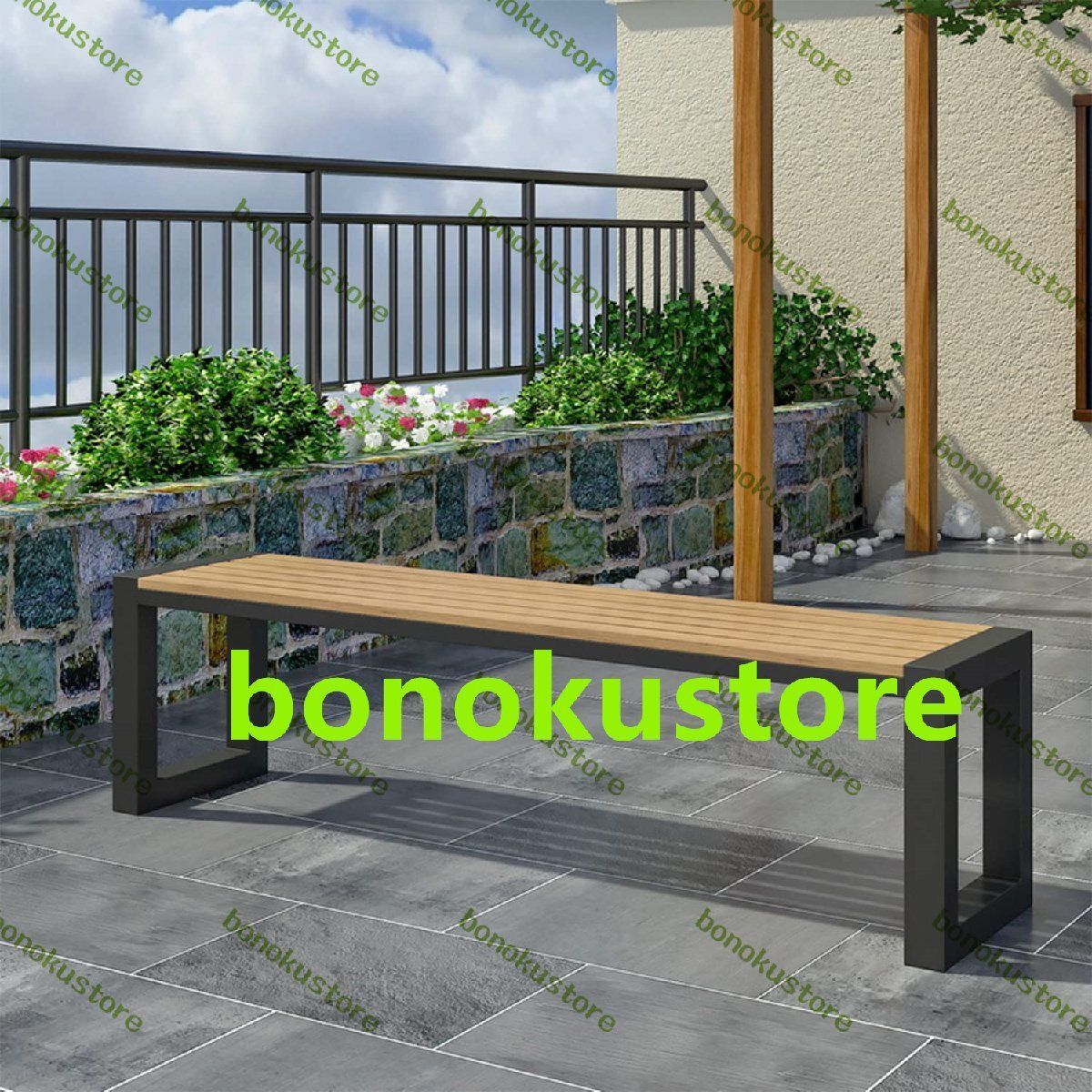 ガーデンベンチ 屋外ベンチ 庭のベンチ プラスチック製の木製のテーブルトップ 金属フレーム 長さ130cm*幅30cm*高さ40cm チーク色