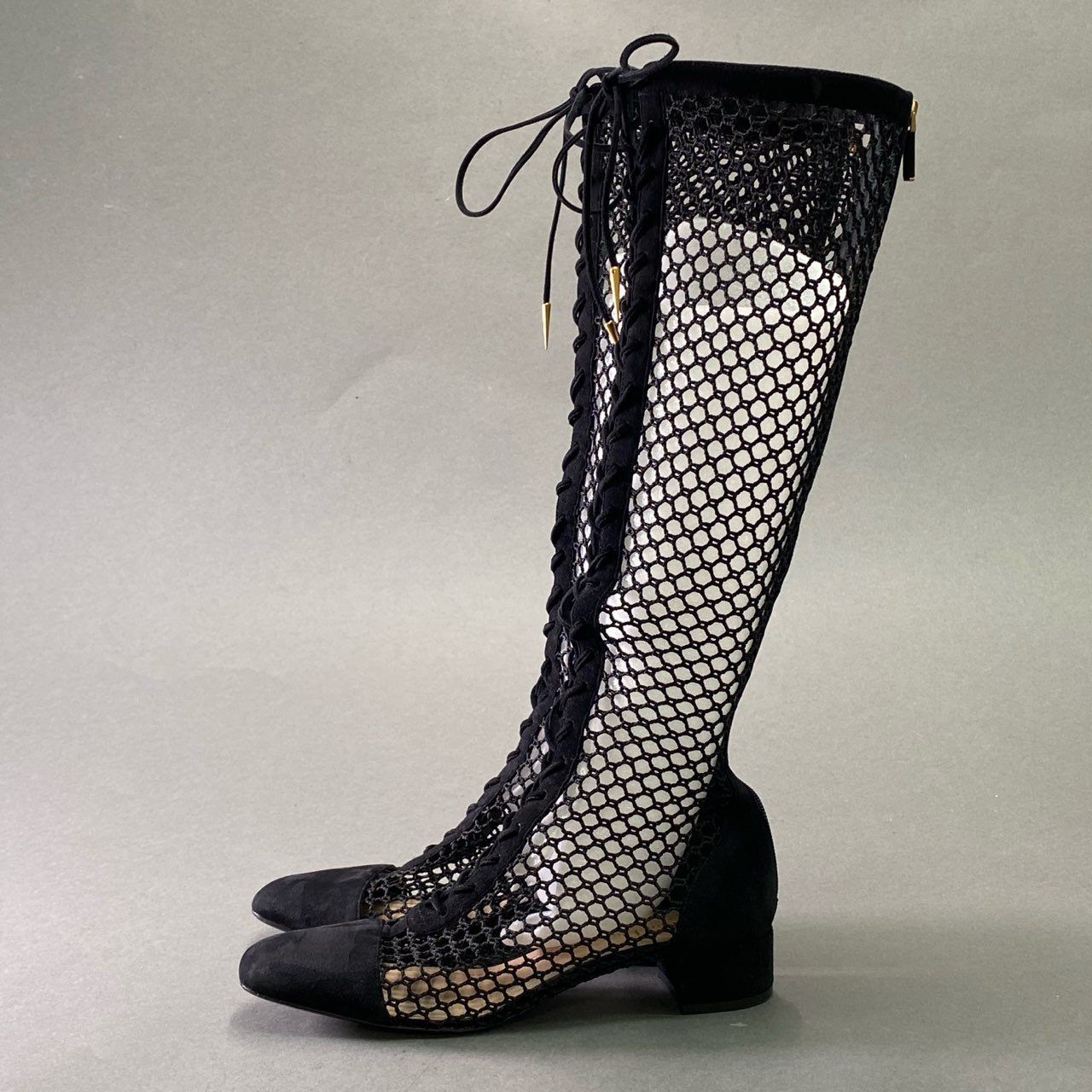 Q*迎様 ディオール Dior BK スウェード メッシュロングブーツ 編み上げ Q*迎様 ディオール Dior BK スウェード メッシュロングブーツ 編み上げ