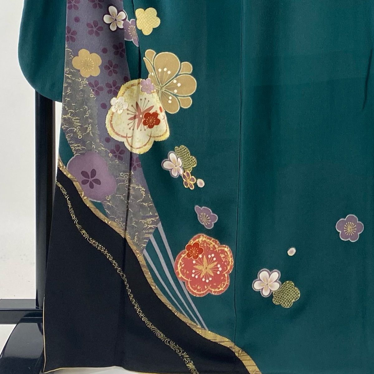 振袖 身丈167cm 裄丈70cm L 袷 やまと 梅 扇 金糸 金彩 深緑 正絹 名品  