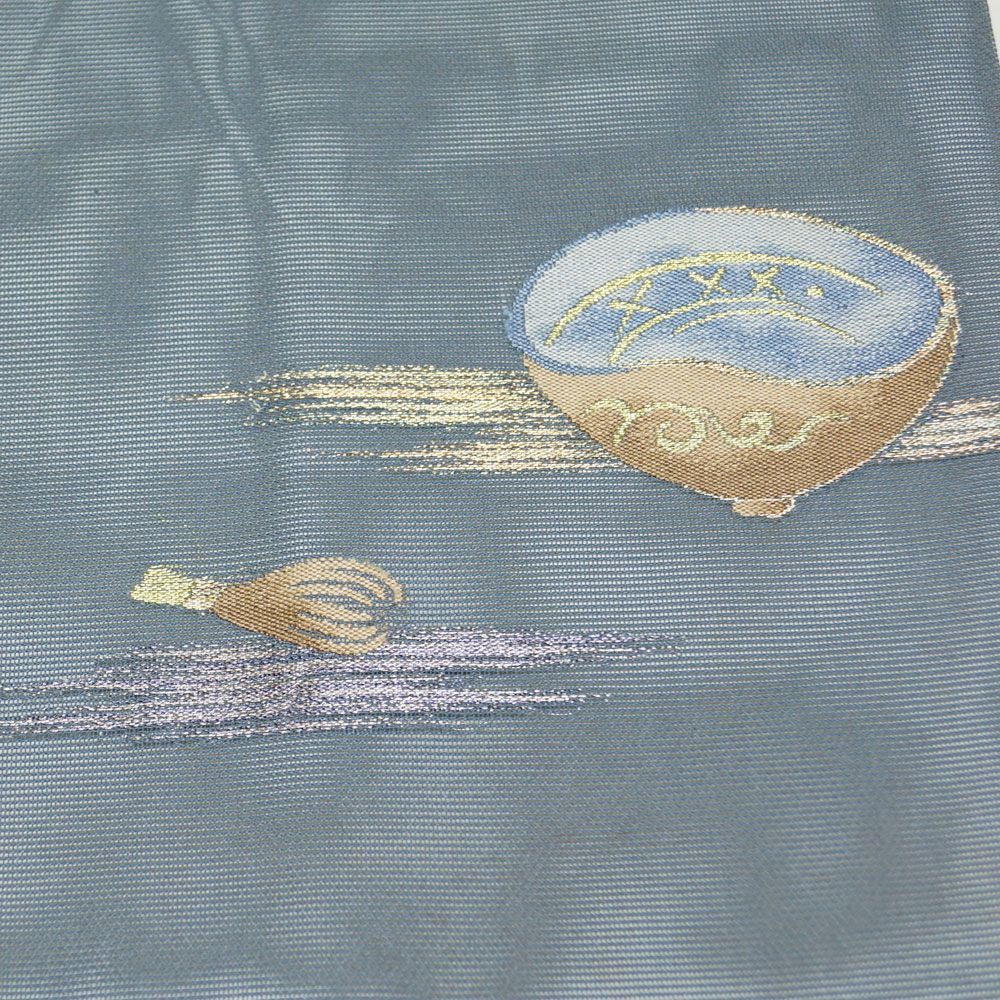 夏物 名古屋帯 紗 お茶器模様 正絹 紺鼠色系 【中古 夏名古屋帯