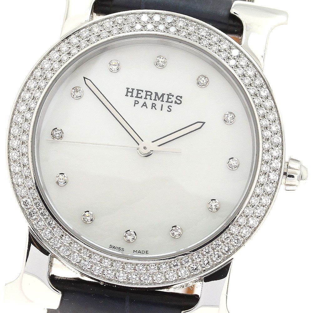 エルメス HERMES HR1.530 Hウォッチ ロンド 12P ダイヤベゼル クォーツ レディース 箱 保証書付き_912509
