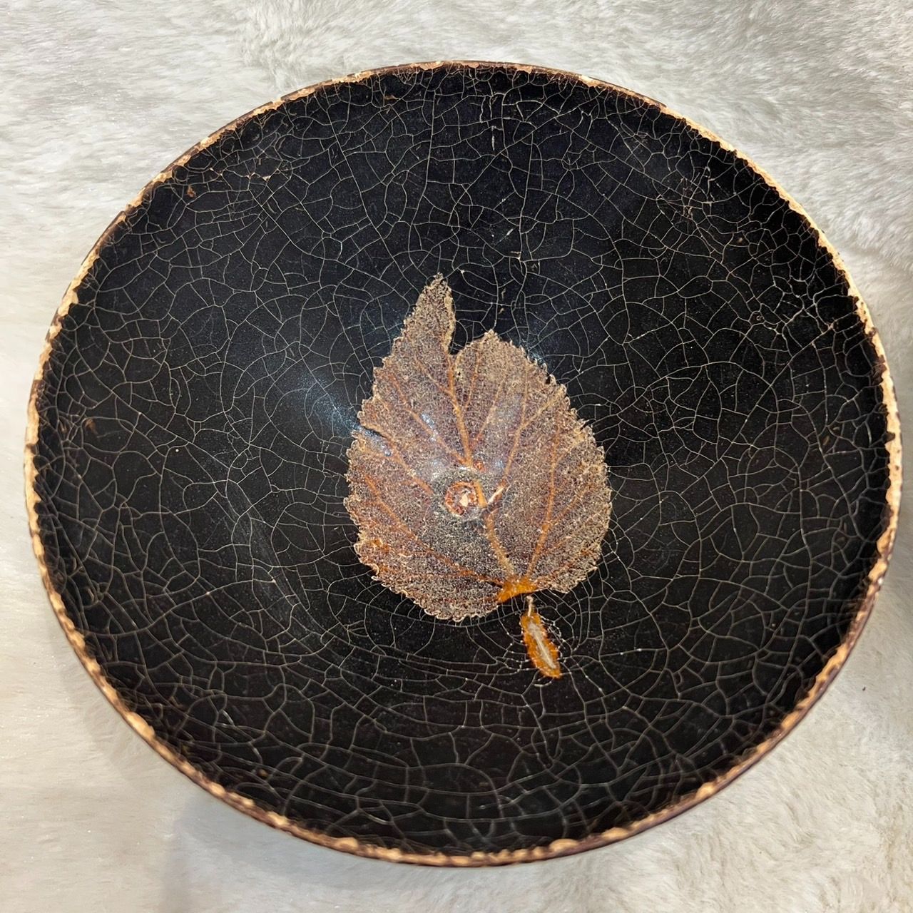 葉落し焼き 茶碗 亀裂風紋 茶道具 2点セット 陶芸