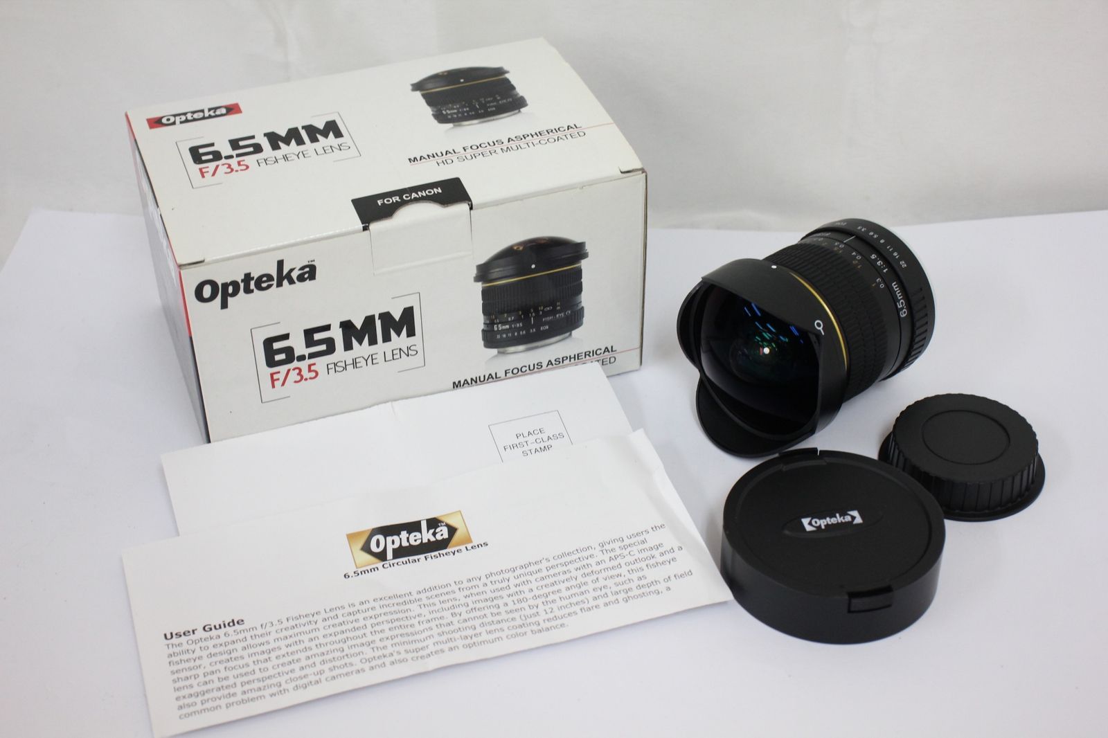【返品保証】 【元箱付き】Opteka FISH-EYE CS 6.5mm F3.5 キャノンマウント 前後キャップ フード 説明書付き 魚眼レンズ e2730