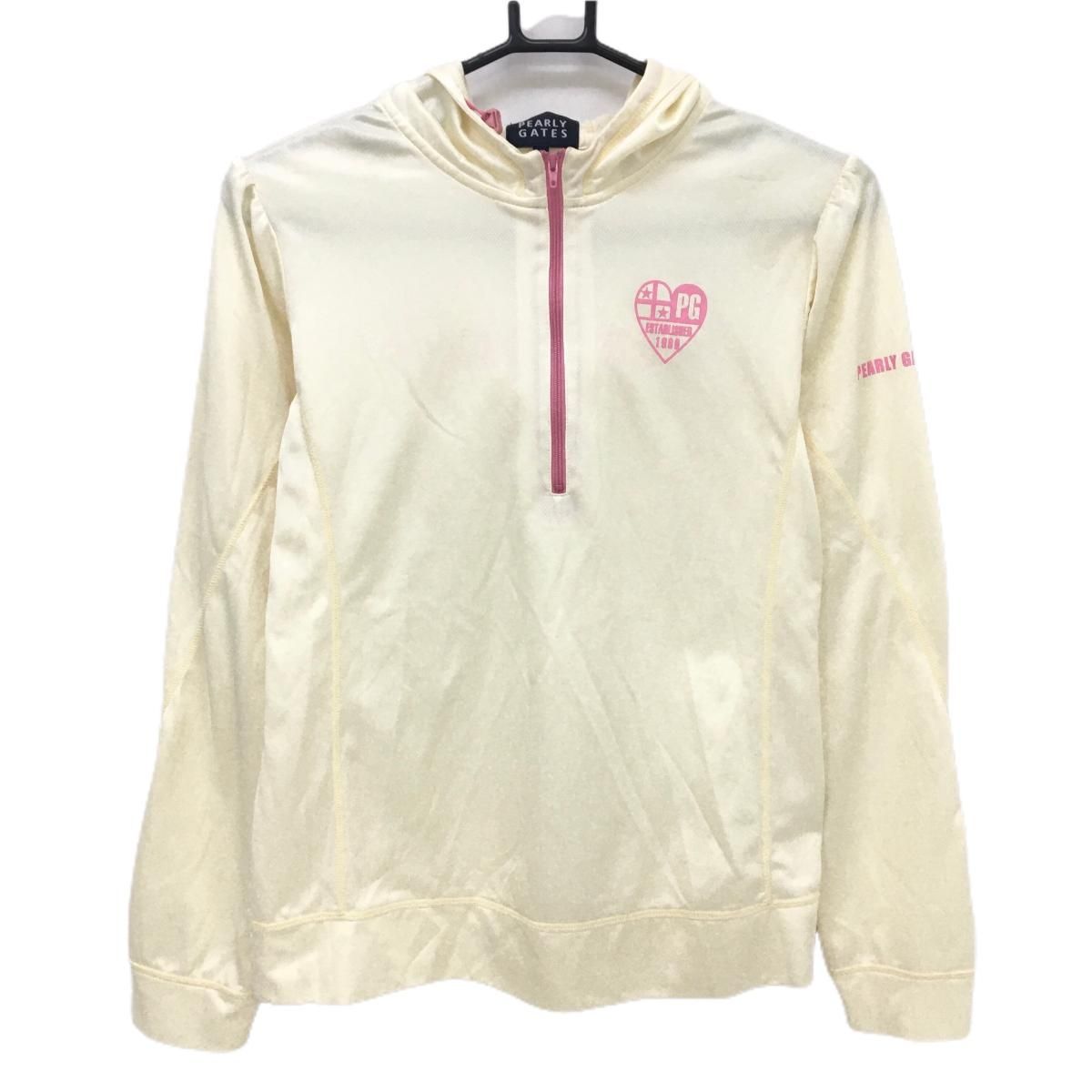 美品】パーリーゲイツ パーカー アイボリー系×ピンク ハーフジップ 