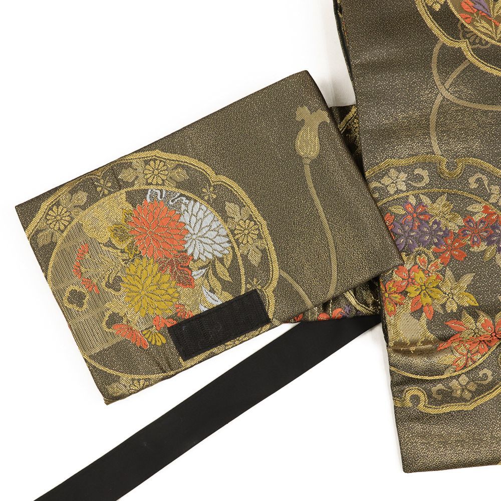 付け帯 中古 袋帯 二重太鼓 正絹 作り帯 黒地 金 雪輪 菊 桜 