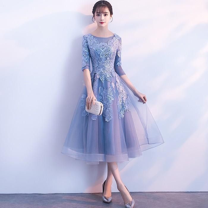 パーティードレス 袖あり 結婚式ドレス ウエディングドレス レース ミモレ丈 20代 おしゃれ 着痩せ 大人 上品 可愛い お呼ばれ 二次会 披露宴 成人式