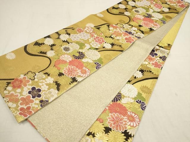 平和屋着物▽振袖用六通柄袋帯 唐織 草花丸文 金銀糸 一蔵扱い