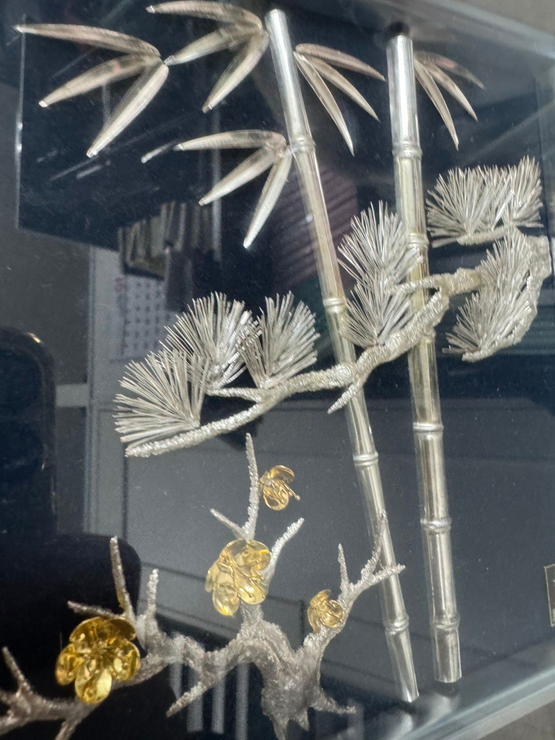 貴金属画 松竹梅 光則作 銀工芸 飾り 2607 純銀 貴金属画 松竹梅 光則作 銀