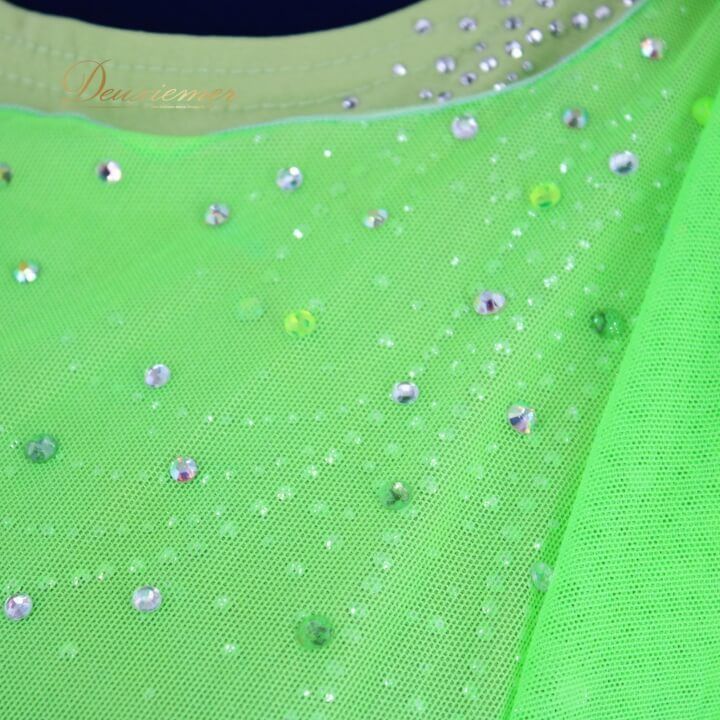 【美品 社交ダンス衣装】上下セット レッスンウェア 黄緑 無地 ラインストーン 社交ダンス 衣装 スタンダード トップス パーティー レッスン