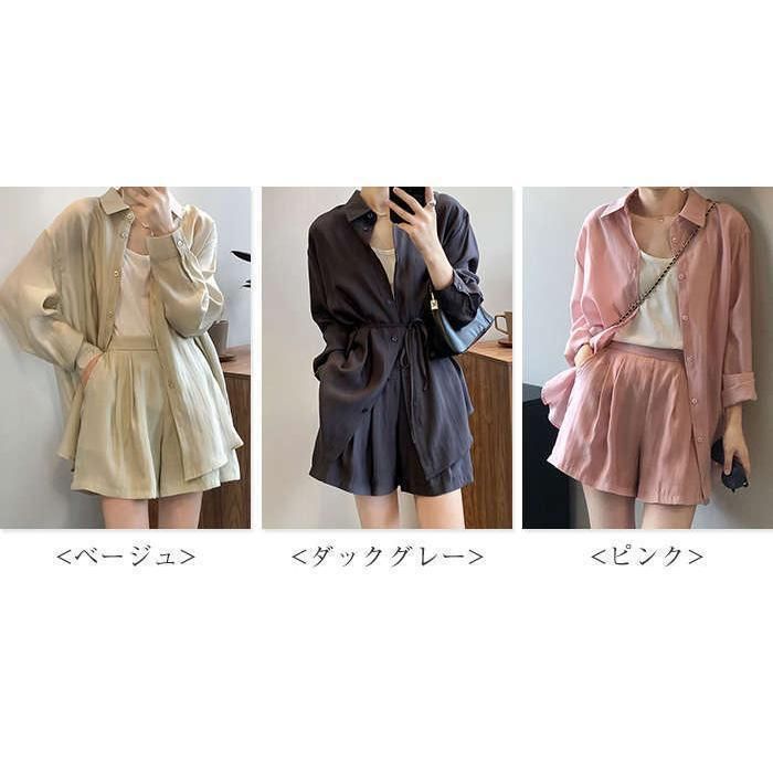 セットアップ レディース きれいめ 春夏 シアー ショートパンツ シャツ 長袖シャツ 2点セット ブラウス UVカット 膝上 ロングシャツ ショーツ ウエストゴム セットアップ レディース きれいめ 春夏 シアー ショートパンツ