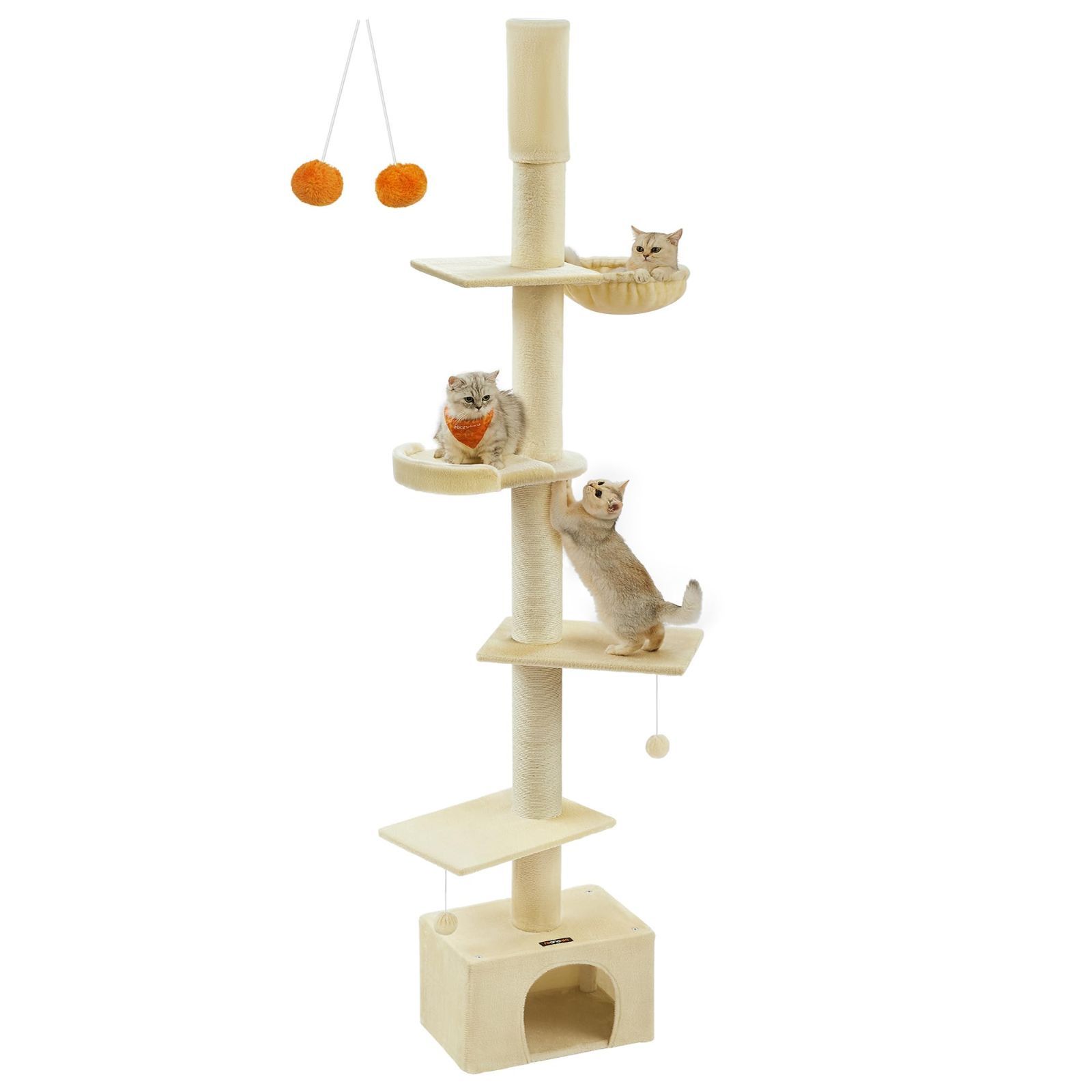 FEANDREA キャットタワー スリム 突っ張り猫タワー大型猫用 多頭飼い人気 登りやすい 太11cmの爪とぎポール 安定性 ハンモック付き 隠れ家付き 大きめステップ板 ポンポンおもちゃ付き 組立てが簡単 キャットタワー多頭飼い 231~2