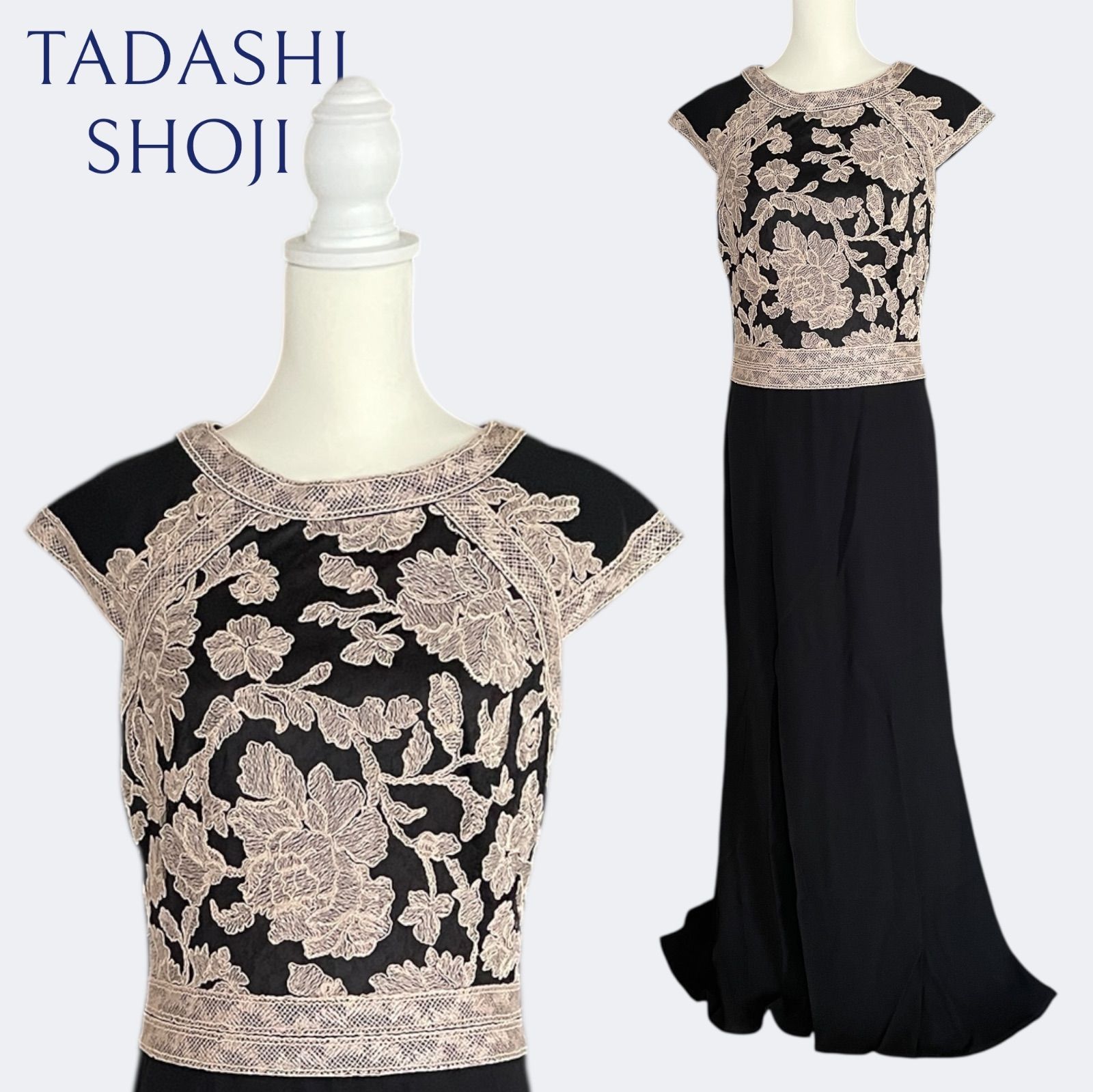 新品◇TADASHI SHOJI タダシショージ 上品お花刺繍レースブラック 
