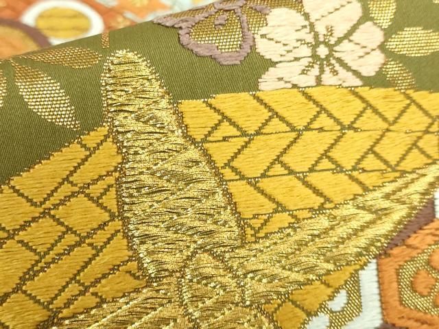 平和屋着物□極上 西陣 河合美術織物謹製 六通柄袋帯 唐織 糸車 花蝶文  