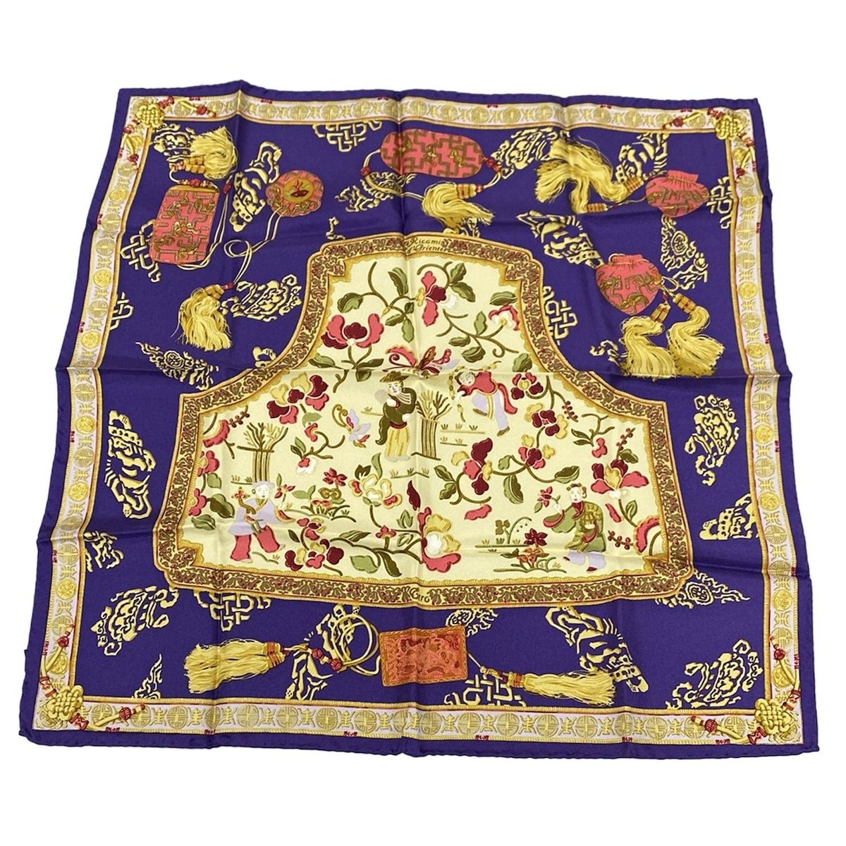 0508 エトロ　ミニスカーフ　パープル　※値下げ不可.約45㎝×45㎝ ETRO(エトロ) スカーフ美品 - パープル×ベージュ×マルチ ミニ
