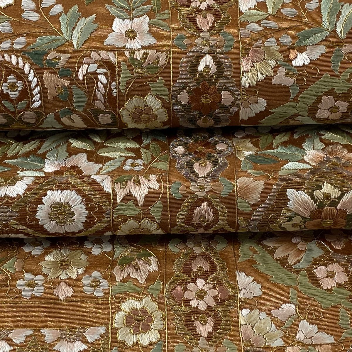 平和屋本店□極上 龍村晋謹製 全通柄袋帯 鸚哥花唐草文錦 本藍 金糸