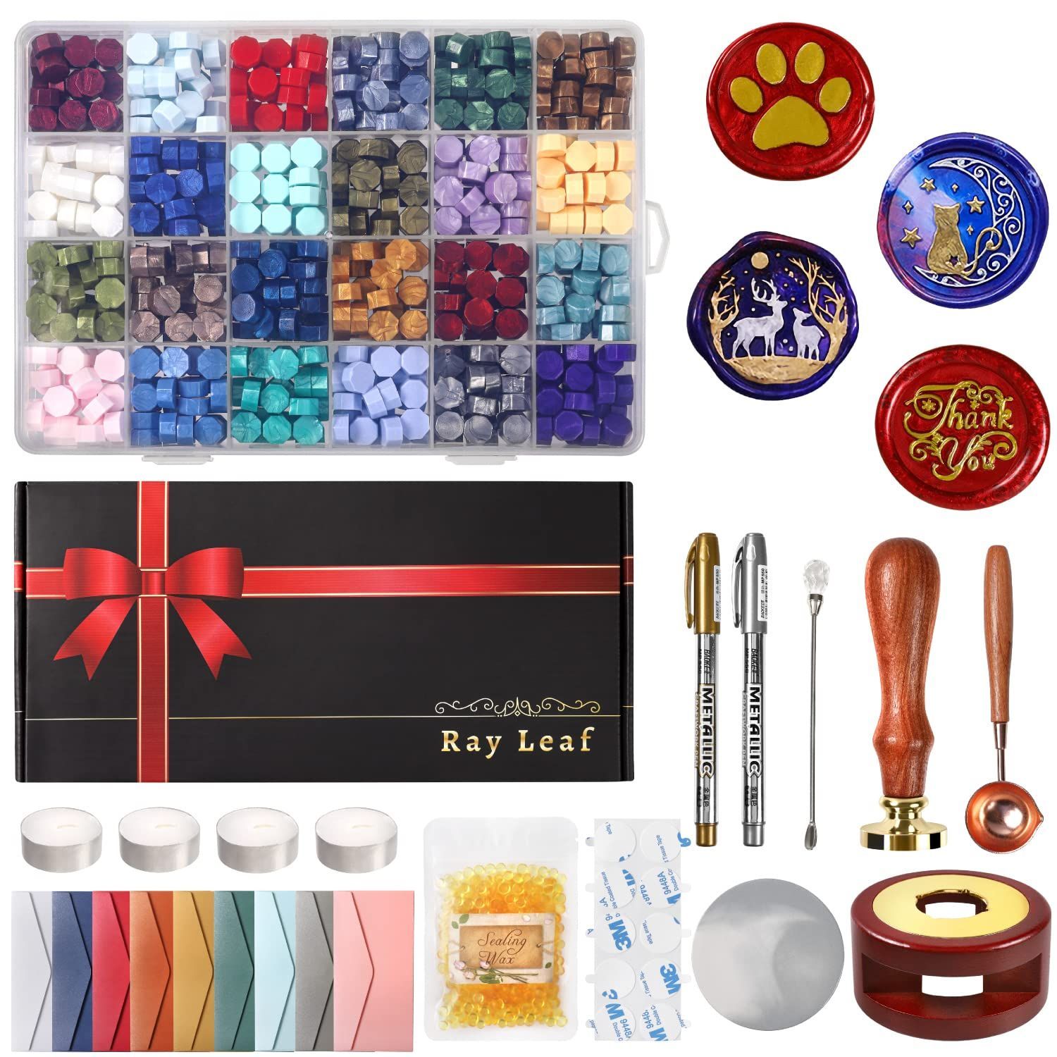 豪華コンプリートセット シーリングワックス シーリングスタンプ セット 印面ヘッド4種 ギフトボックス付き セット Leaf 手紙 招待状 ギフト デコレーション Ray 取扱説明付き スタンプヘッドA 肉球 Thank you 月と猫