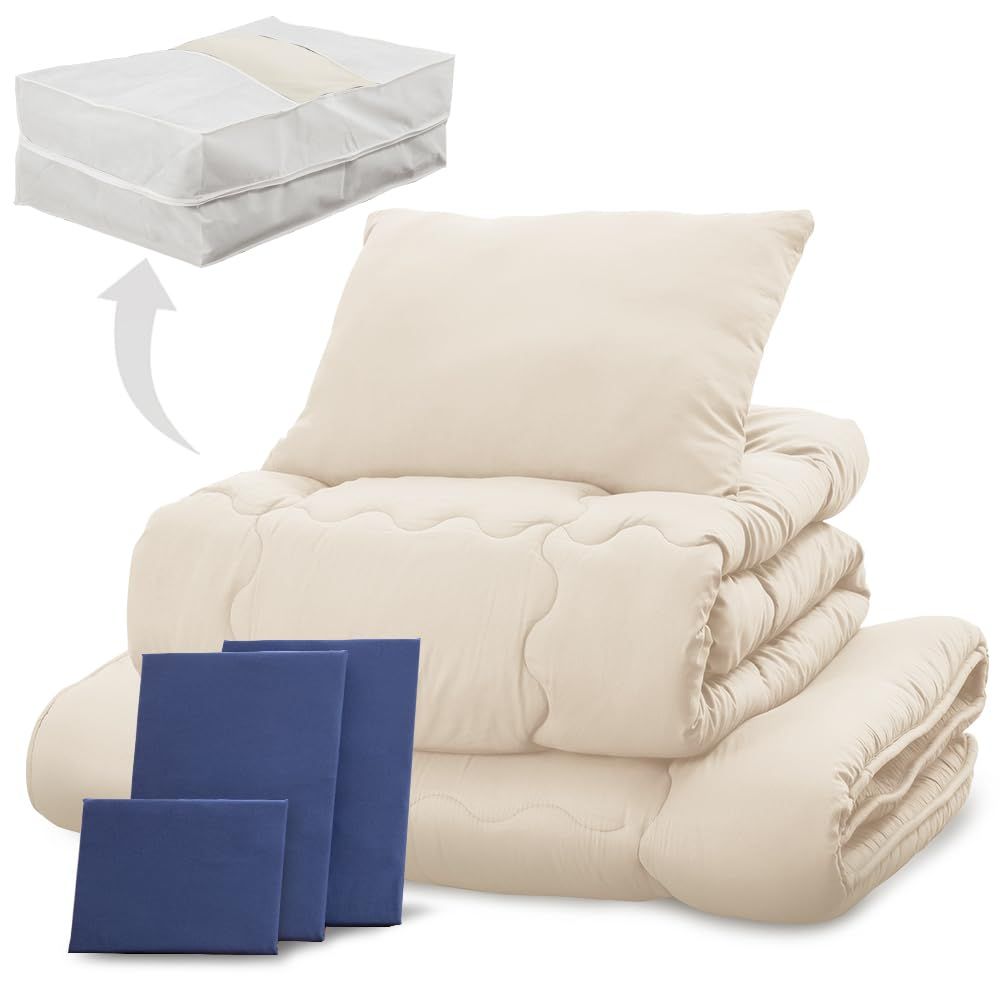 敷布団 掛け布団 しっとりなめらかピーチスキン加工 枕 すっきり収納ケース付き 抗菌防臭 各カバー付き シングル 布団7点セット ネイビー アイリスプラザ