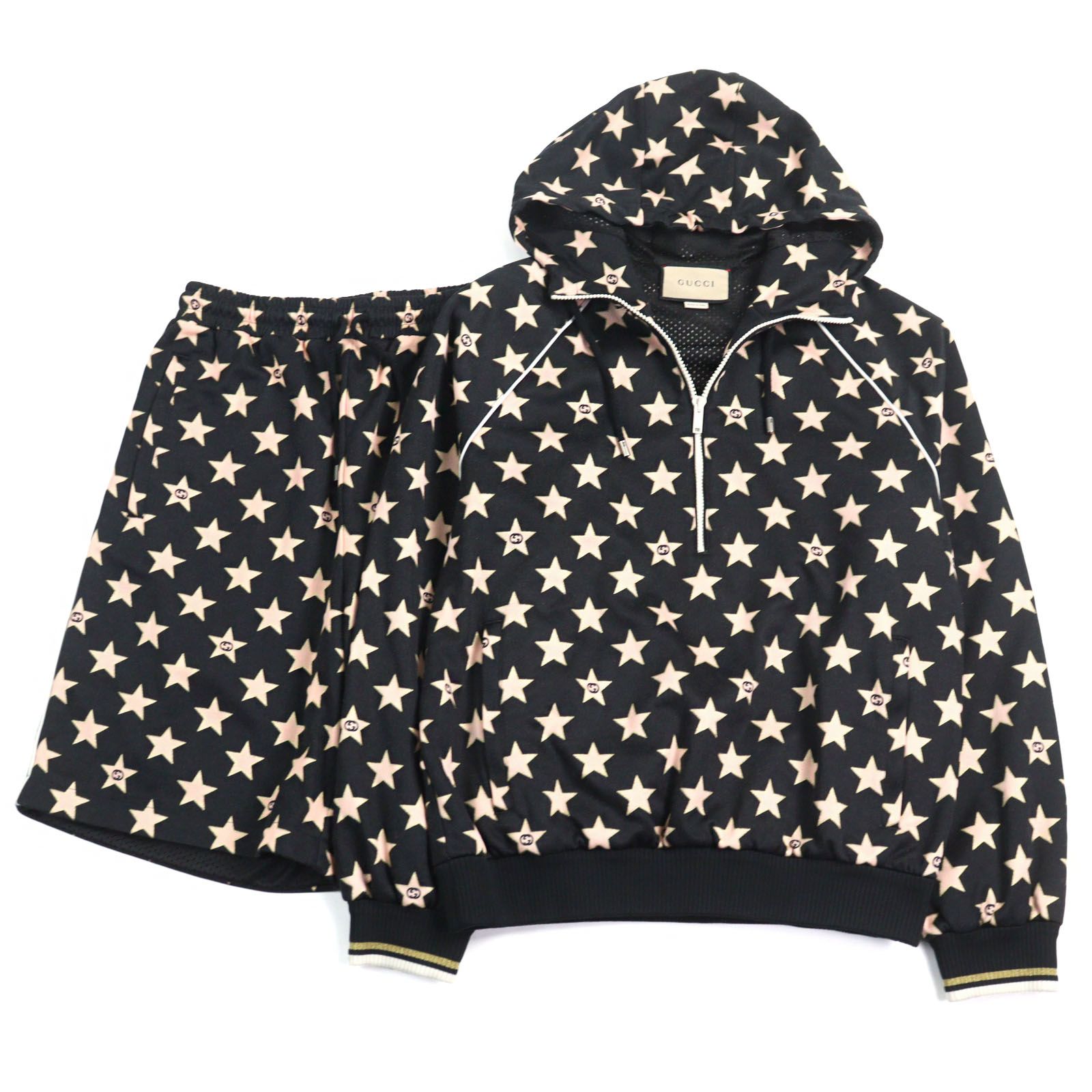 ドンドン見直し ○GUCCI グッチ 705297 705299 インターロッキングG スター総柄 ハーフジップパーカー ハーフパンツ セットアップ ブラック ピンク S イタリア製 メンズ