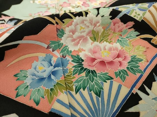 平和屋着物○本加賀友禅作家 奥原一就 黒留袖 扇面草花文