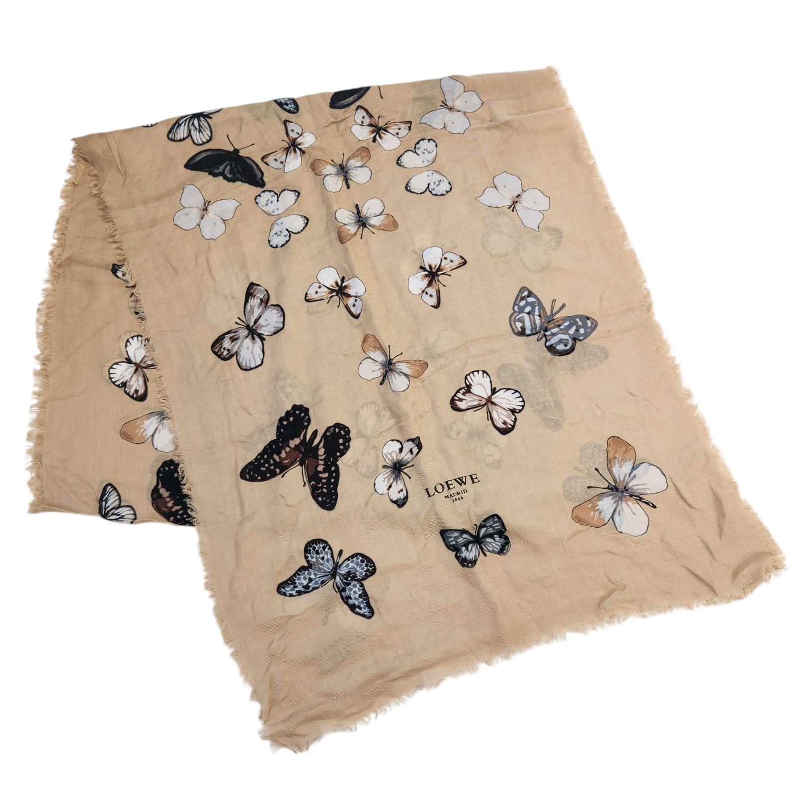 美品】LOEWE バタフライ柄 ストール カシミヤ入り ベージュ 蝶々  